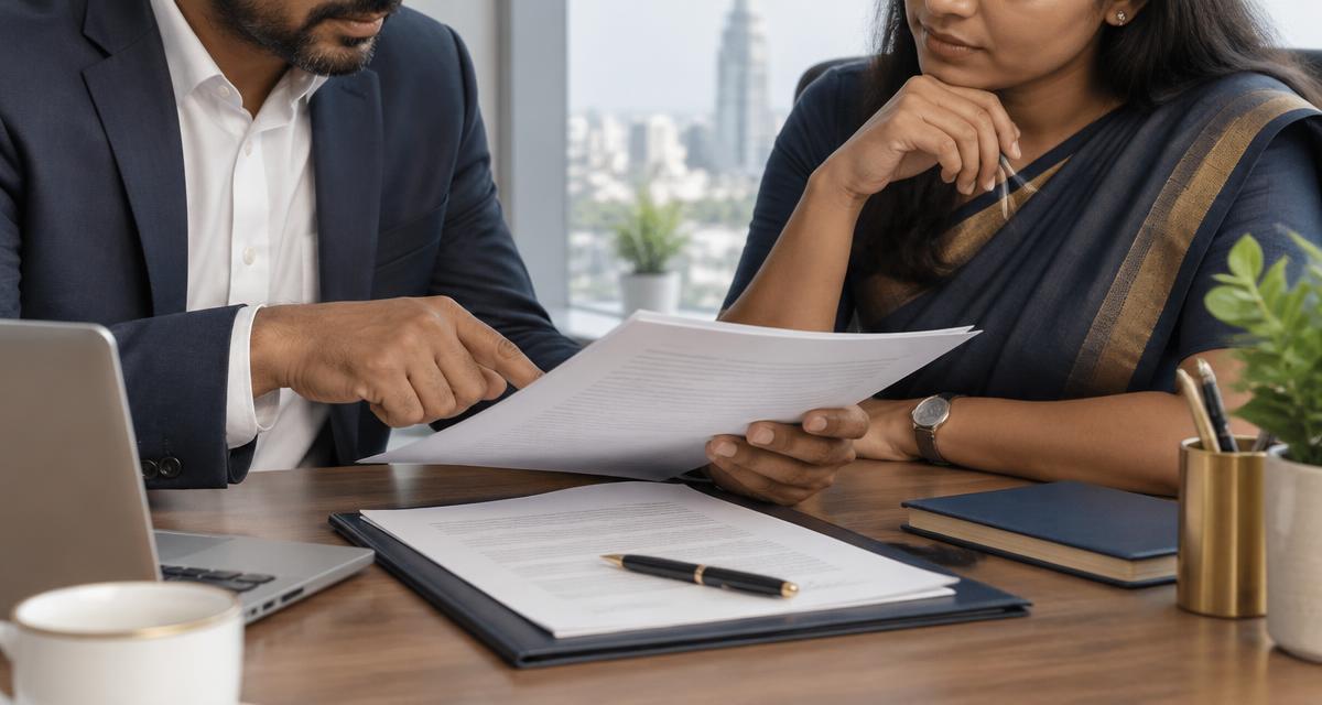 Business professionals reviewing an unsigned agreement and supporting documents at a desk