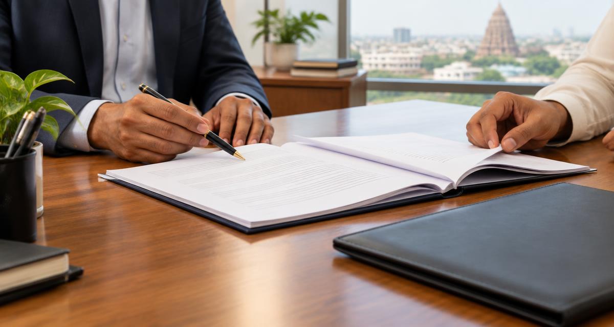 Illustration of business people reviewing contract documents at an office table