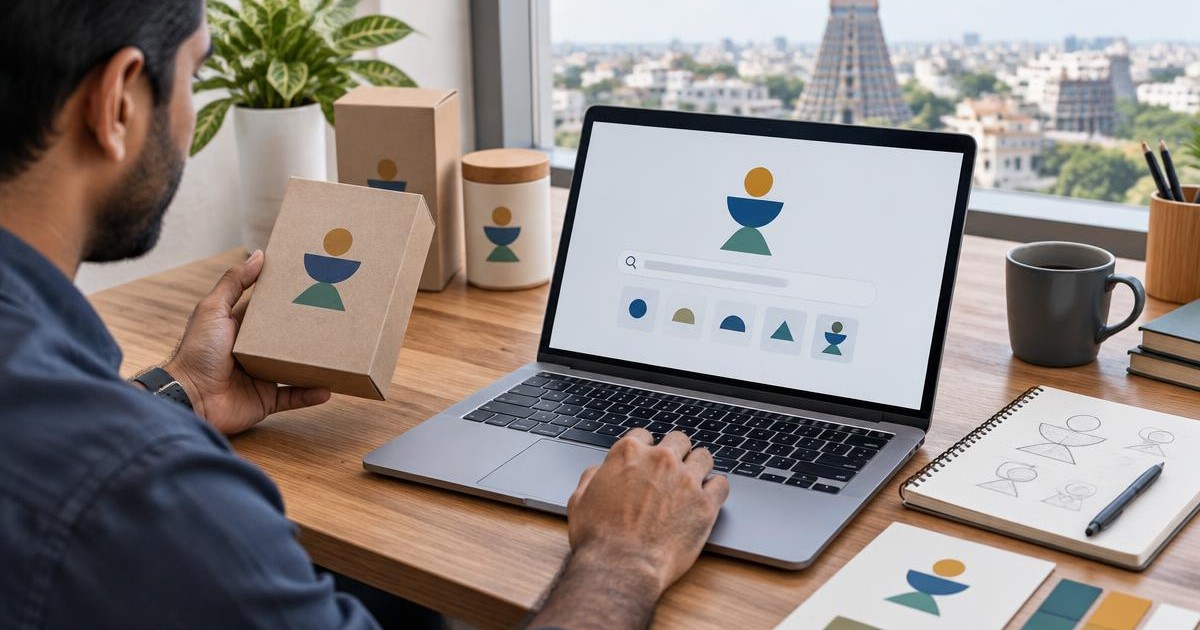 Business founder comparing brand symbols on packaging with a preliminary trademark search on a laptop